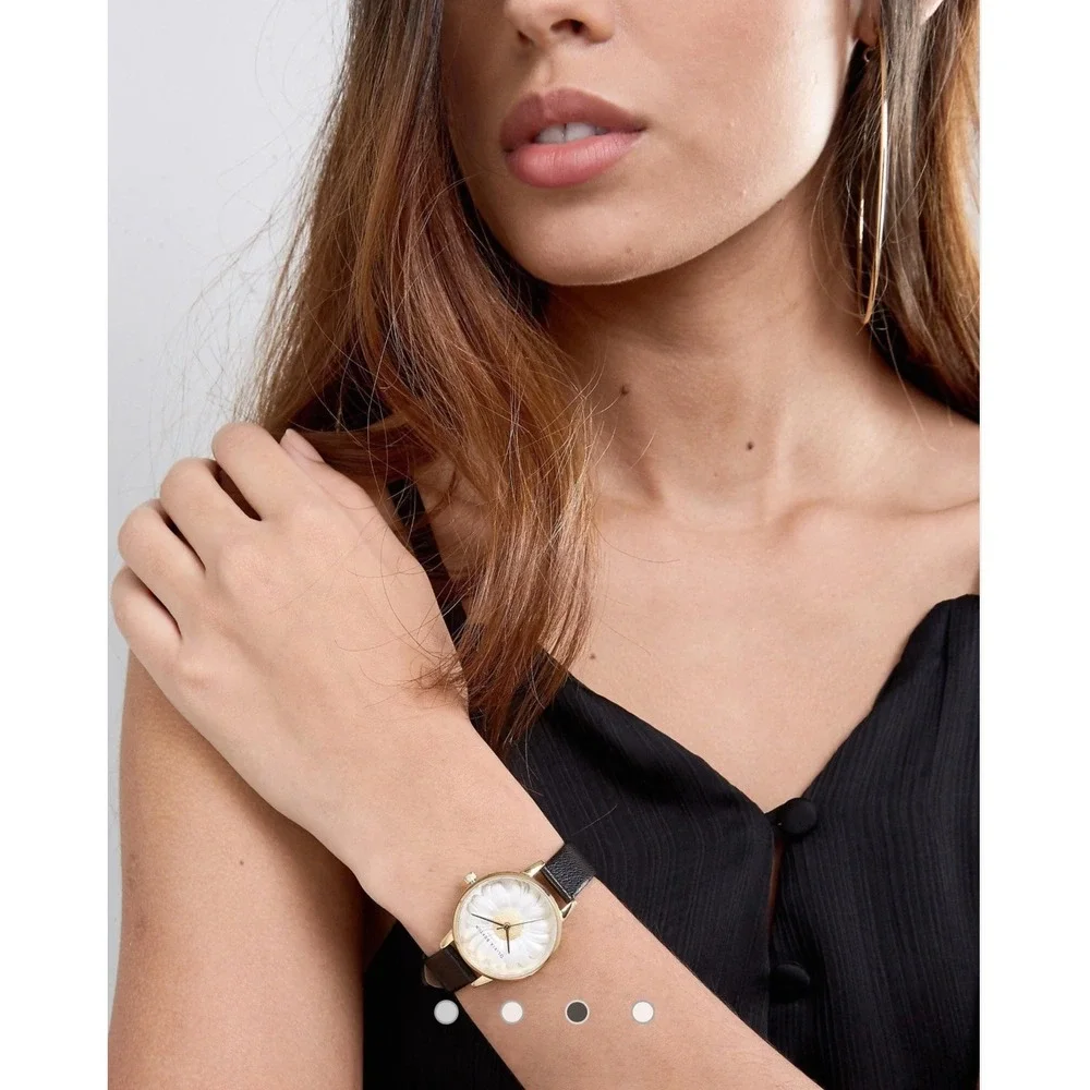 Olivia Burton London Daisy Flower Gold Tone Woman's Watch Black Strap OB15EG38